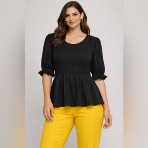 Black Smocked blouse with Puff Sleeves